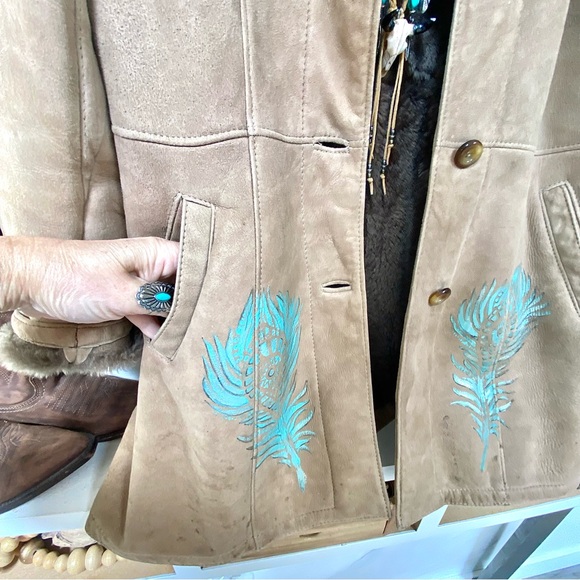 Handpainted Shearling rustic suede AQUA OMBRA leather Gypsy jacket blue feathers - Picture 7 of 16